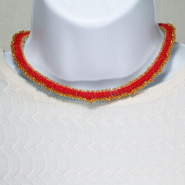 Dalmira Red, White, Blue Beaded Necklace relevant front view