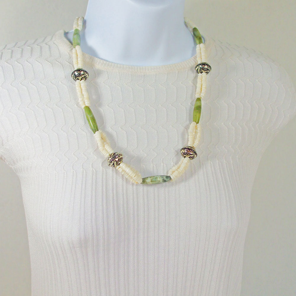 Adana Shell & Stone Bead Necklace front close up view