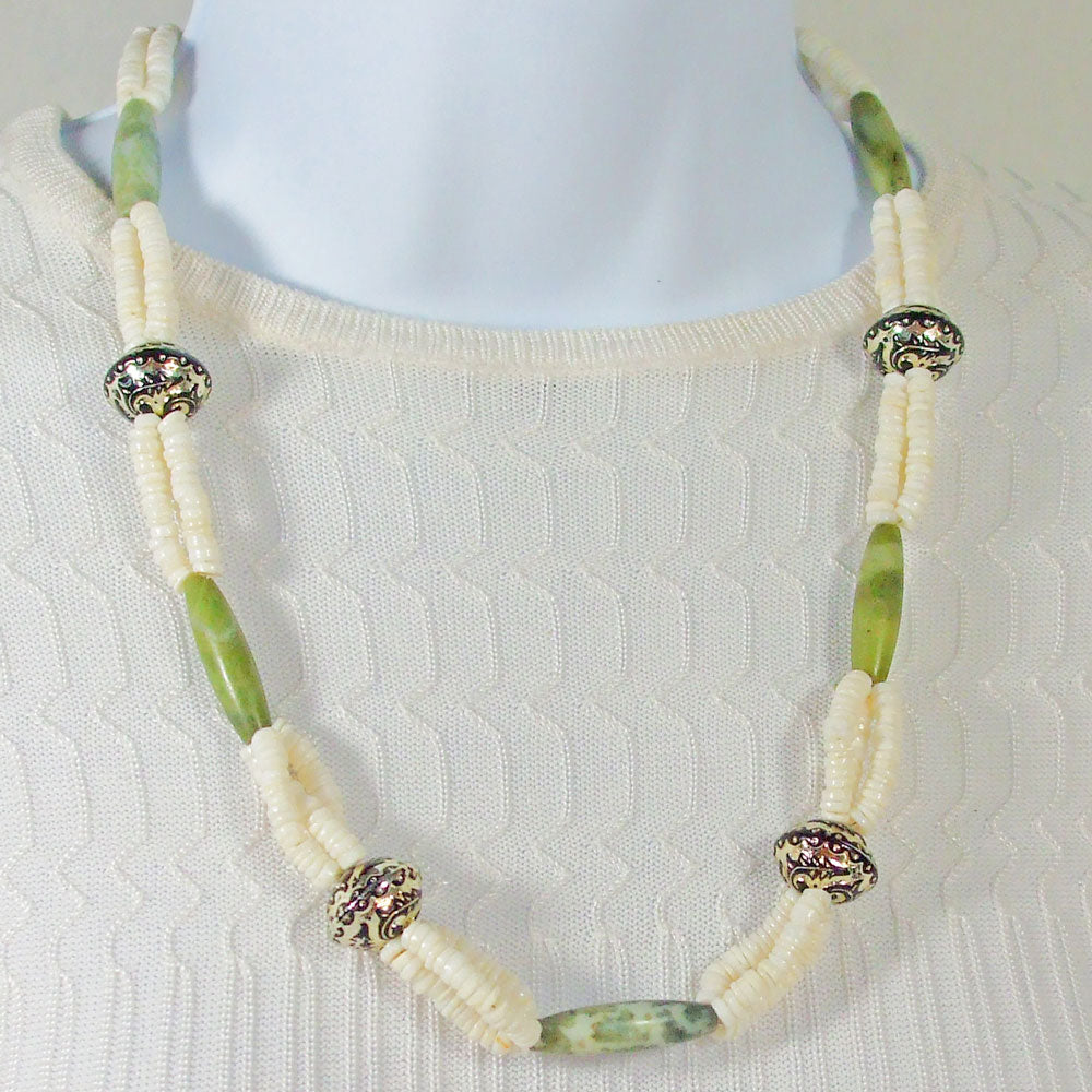 Adana Shell & Stone Bead Necklace front close up view